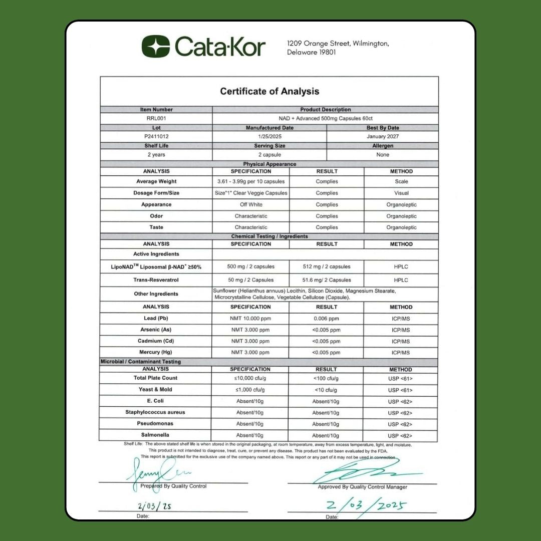 CATA-KOR® NAD+ - CON LipoNAD™ y Trans-Resveratrol-  60 CÁPSULAS